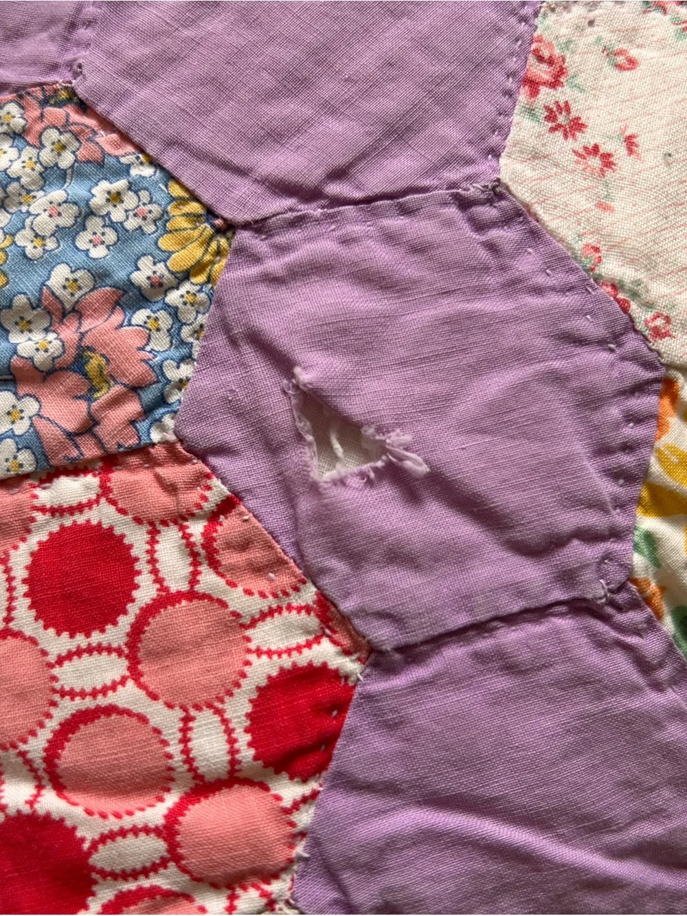Vintage Handmade Grandmother’s Flower Garden Quilt